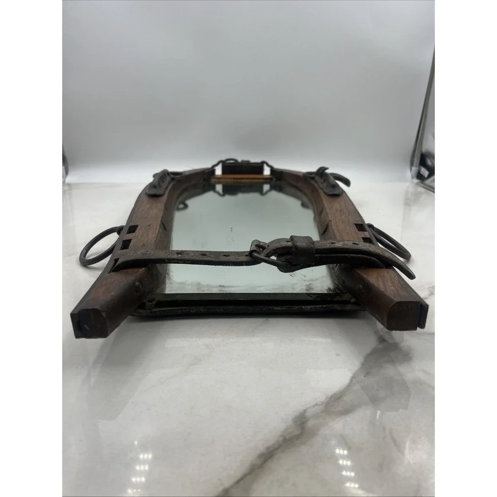 Antique Horse Harness Mirror Rustic Equestrian Decor Wood Iron Leather Wall Art